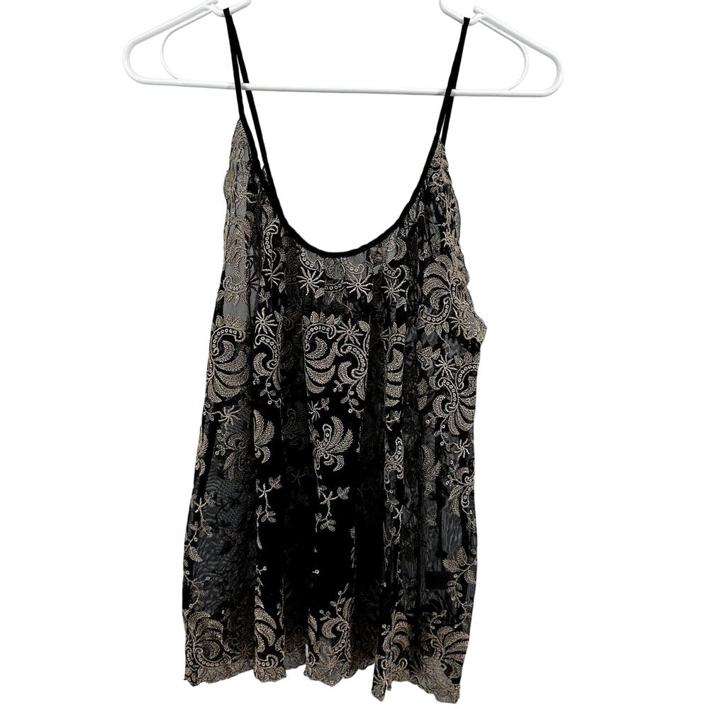 Calypso St Barth Cami Top Embroidered Sheer Scoop Neck Flowy Black Gold Small